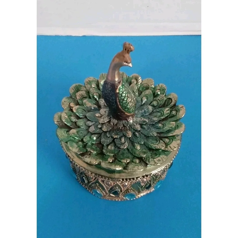Vintage Style‎ Peacock Trinket Box Green Gold Filigree Rhinestone Jewelry Case